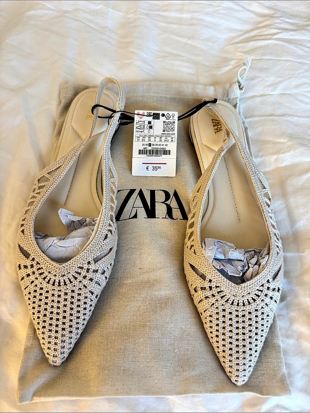 Zara Pointed Knit Slingback Flats in Beige EU 37 NWT